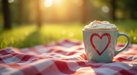 Cup of coffee with whipped cream on a checkered table cloth