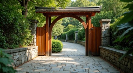 Naklejka premium Wooden gate that leads to a stone path