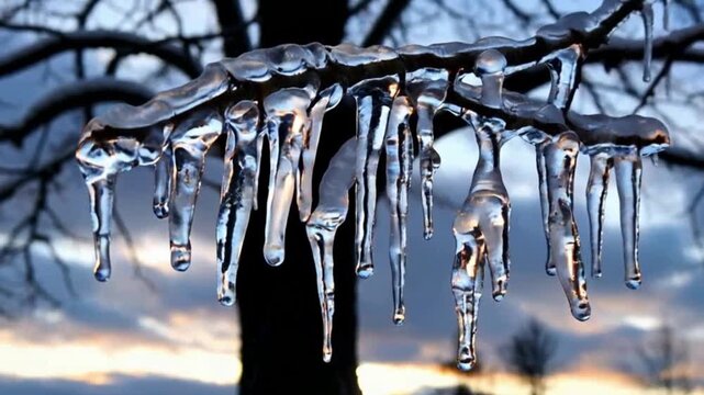 Icicles hang coldly on the branches, with their crystal edges shimmering with a cool light in the evening breeze