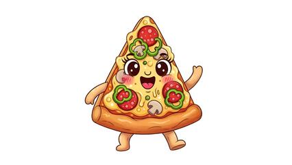 Kawaii Cartoon Pizza Slice Character with Toppings and Happy Face, Isolated on Grey Background