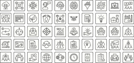 Collection of seventy-two detailed outline business and finance icons for web and application design projects