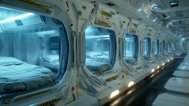 4K Interior of a futuristic spaceship or space station corridor with rows of cryogenic or sleep pods illuminated with blue light, science fiction concept video