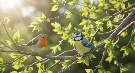 Obraz premium Two birds perched on a tree branch with green leaves, one with an orange beak and the other with a blue and yellow beak.