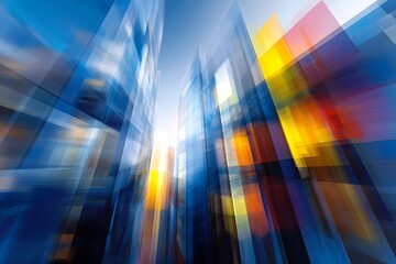 Colorful geometric shapes blur into dynamic motion in an abstract cityscape.