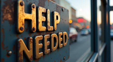 Rusty metal sign with the word help needed on it