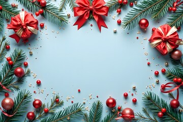Red Christmas ornaments and bows decorate green fir branches arranged in a festive border on a light blue background.