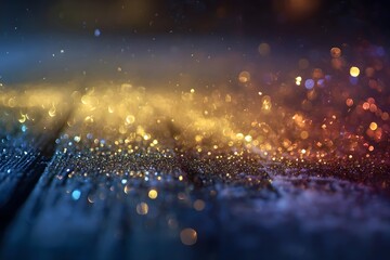 Colorful glittering particles shimmer on a wooden surface in a softly lit, abstract scene.