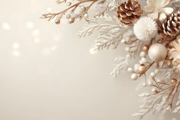 Frosted pinecones and winter foliage form an elegant corner arrangement on a soft beige background.