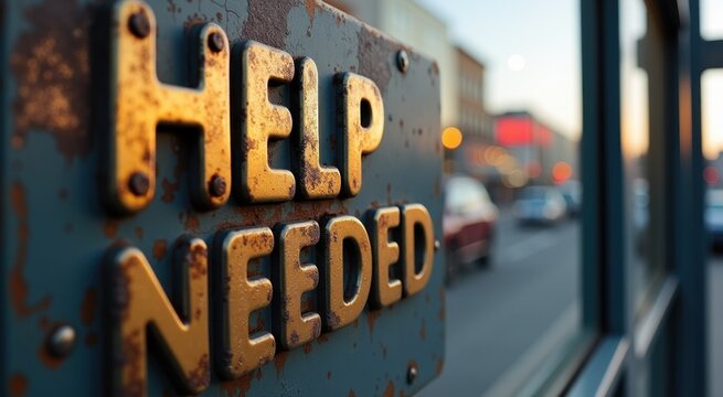 Rusty metal sign with the word help needed on it