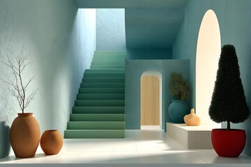 Several decorative vases and a sculpted plant stand in a minimal, pastel-colored hallway with stairs and archways.