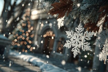 A glittering snowflake ornament hangs from a snowy tree branch in front of a warmly lit building decorated for Christmas.