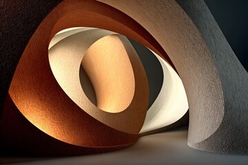 Curved abstract paper-like structures form overlapping arches with warm and cool lighting.