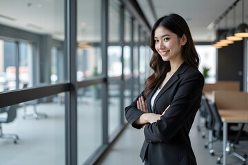 A businesswoman stands confidently with folded arms in a modern office corridor.