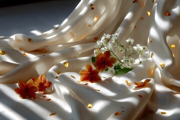 Red and white flowers rest on softly draped, light?dappled satin fabric.