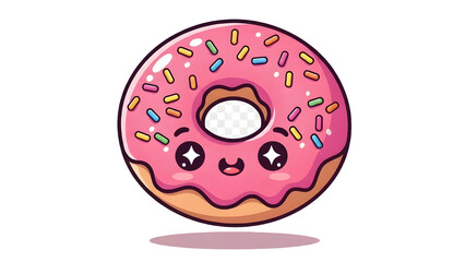 Kawaii Cartoon Pink Glazed Donut with Colorful Sprinkles and Happy Smiling Face, Isolated Illustration