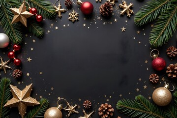 Christmas decorations frame a dark background with fir branches, ornaments, and pinecones arranged around the edges.