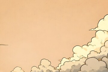 Soft, billowing clouds rise against a warm, pastel-colored sky.