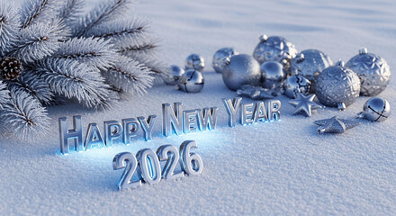 Snowy scene with frosted pine branch, ornaments, and "Happy New Year 2026" message, representing a festive holiday and future celebration
