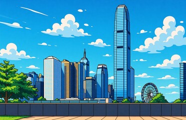 Animated Hong Kong urban landscape. Towering skyscrapers, a Ferris wheel, and trees under a bright, cloudy blue sky. Vibrant city view.