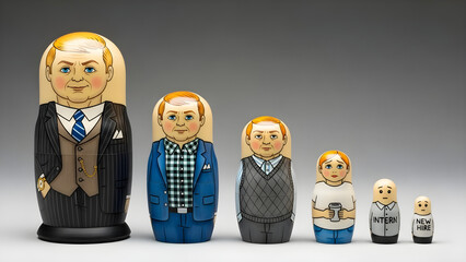 Matryoshka dolls depict a family progressing from adult to child, symbolizing growth and lineage.
