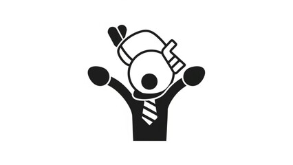 A minimalist black and white vector icon depicting a professional man in a necktie with his arms raised in a "V" for victory or celebration. The figure features a creative, abstract head design.
