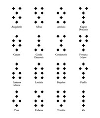 Geomantic figures, labeled with Latin terms, and listed in alphabetical order. The 16 geomantic symbols used in geomancy, an ancient divinatory practice. Isolated, black and white illustration. Vector