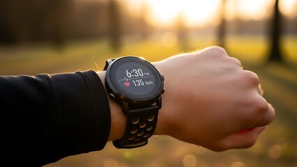 Close-up of smartwatch on wrist outdoors.
