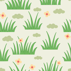 Obraz premium Seamless Pattern With Grass And Flowers, Delicate Botanical Repeat For Textile Design And Spring Decor