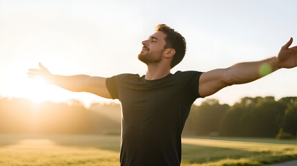 Man stretching arms in morning sun rays enjoying freedom
