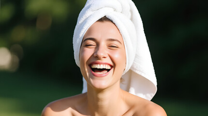 Woman laughing with towel on her head exuding joy
