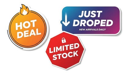 Sale stickers for hot deals and limited stock.
