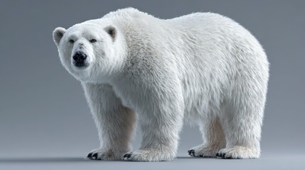 Fototapeta premium A realistic, photorealistic image of a polar bear. The bear is in full body, white fur, and on a gray background