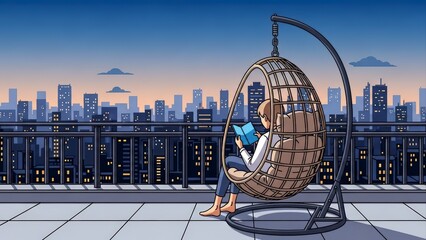Woman Reading on Balcony Overlooking Cityscape at Dusk.