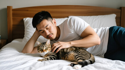 Man petting cat lying beside him on bed enjoying cozy moment