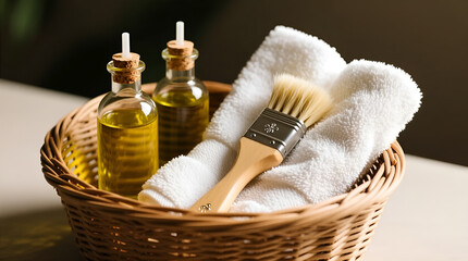 Basket with oils, towels, and brush for spa treatment
