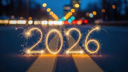 Celebration of 2026 new year with sparkling lights illuminating a dark city road at night