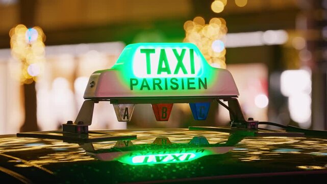 Parisian taxi decorated with Christmas glowing decorations and lights. Crowds of people with shopping. Christmas mood
