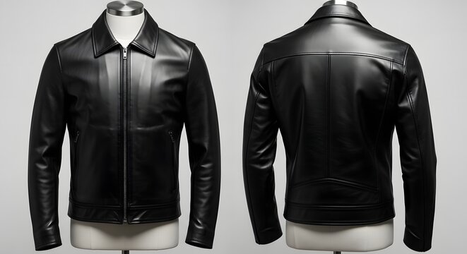 Classic Black Leather Jacket Front and Back View.