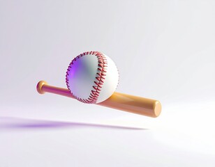 Baseball and bat levitating, soft lighting, solid colors, clean background