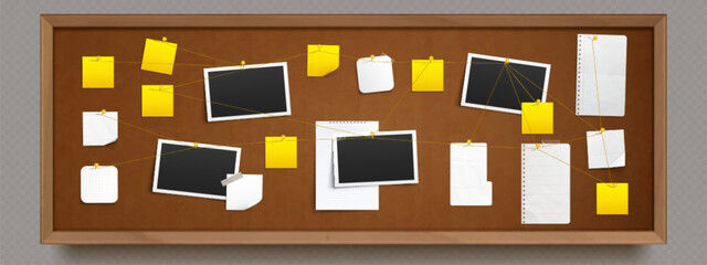 Detective evidence board with photos and papers. Vector realistic illustration of police investigation map, blank pictures and memo notes pinned to cork background, criminal case mystery, search info