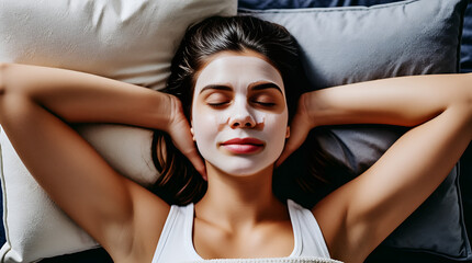 Woman reclining on soft bed surrounded by pillows with soothing facial mask