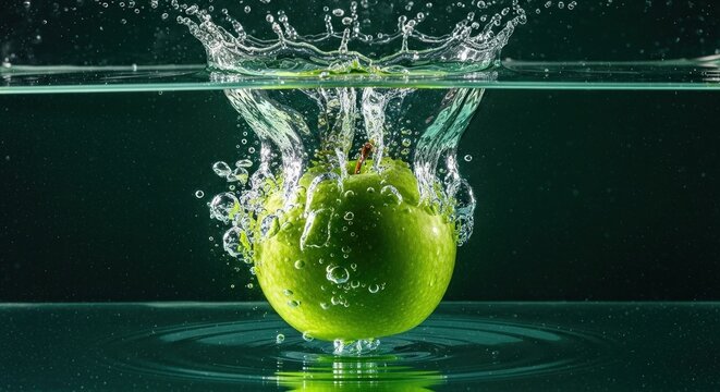 A green apple falling into water with a splash.