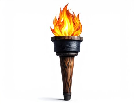 A wooden torch with a fiery flame burning brightly on white (1)