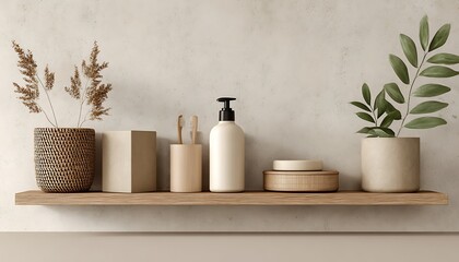 Premium bathroom shelf styling with clean product arrangement soft stone and beige hues