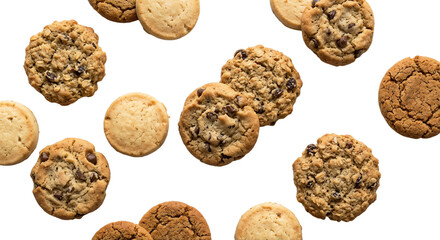 Various types of cookies spread out on a white surface during dessert time