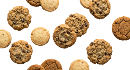 Various types of cookies spread out on a white surface during dessert time