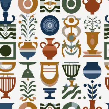 Antique pottery and vase seamless pattern, ancient Greek style ceramic ornament vector background