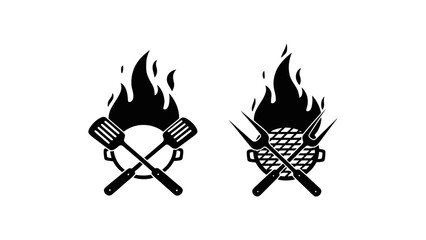 Grill icons with flames and utensils for barbecue