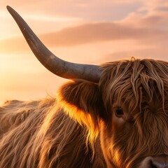 Highland Cattle Horn Fur Sunset Glow Bull Livestock Farm Rural Agriculture Mammal Portrait Meadow