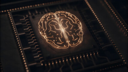 Illuminated brain icon on circuit board